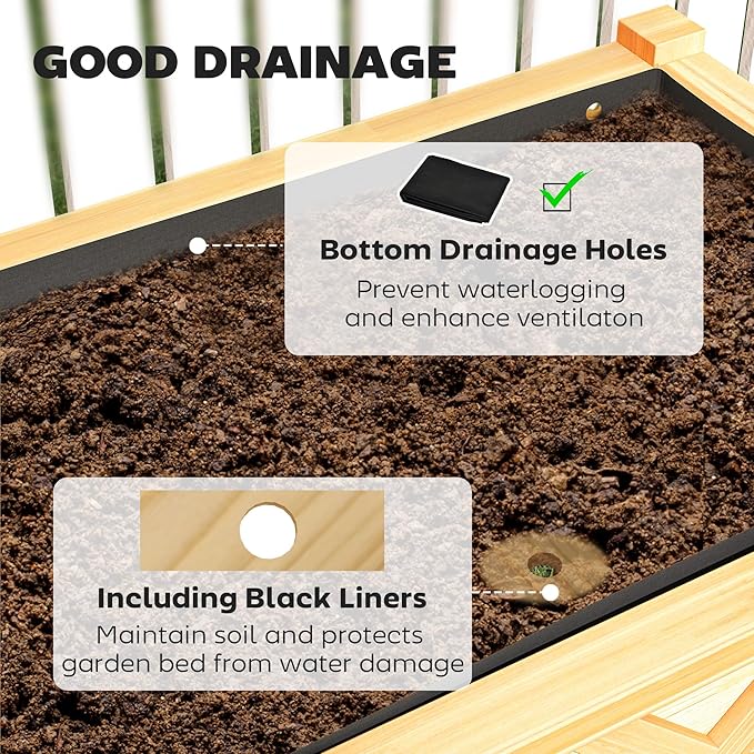 Dual-Tier Elevated Wood Planter Box with Storage Shelf – Raised Garden Bed with Drainage Holes &amp Non-Woven Liner – Weather-Resistant Painted Fir Wood for Outdoor Gardening (Natural Wood)