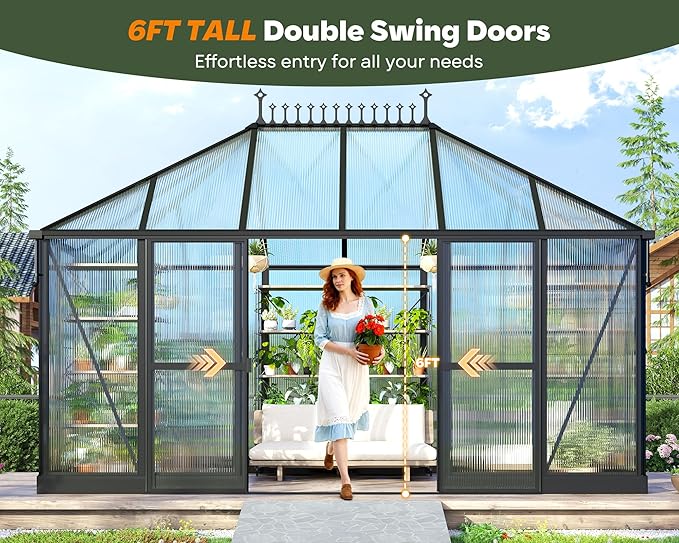 14×9.7×10 FT Greenhouse for Outdoors with 6 ft Double Swing Door &amp 2 Vents Heavy Duty Green House with Aluminum Frame for Outside Patio Backyard Garden