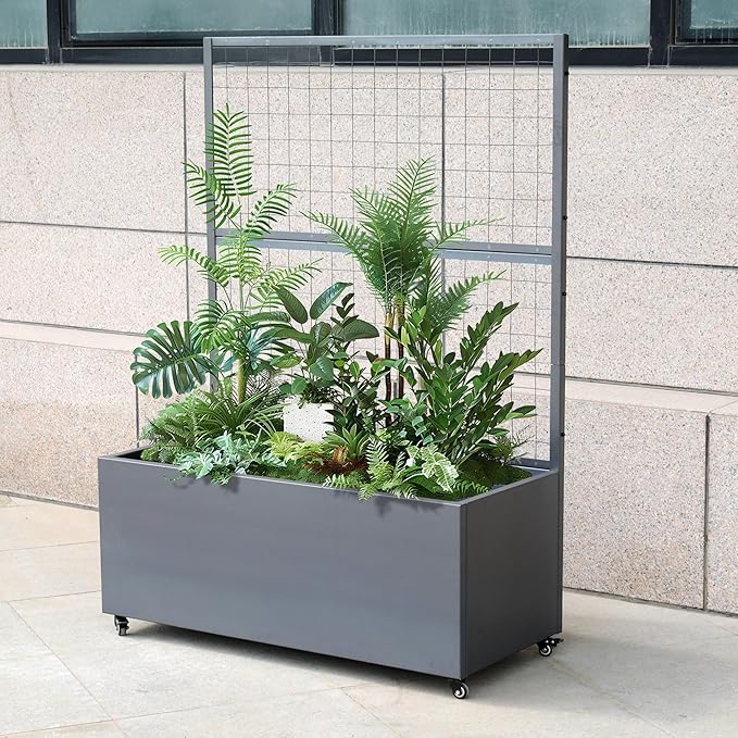 Metal Rolling Planter Box with Lattice Trellis Modern Steel Planter Box Trellis Corten Trough Planter with Casters 66” x 46” x 21” (Original Metal)