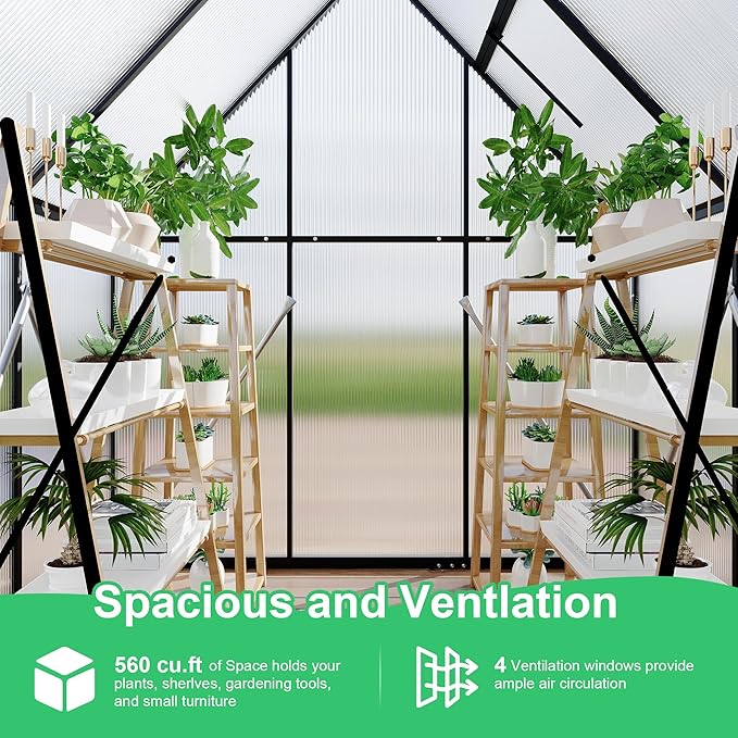 6X4 ft Polycarbonate Greenhouse with Aluminum Frame Polycarbonate Greenhouse for Outdoors Greenhouses with Ventilation and Rain Gutter Aluminum Large Walk-in Greenhouses for Outside