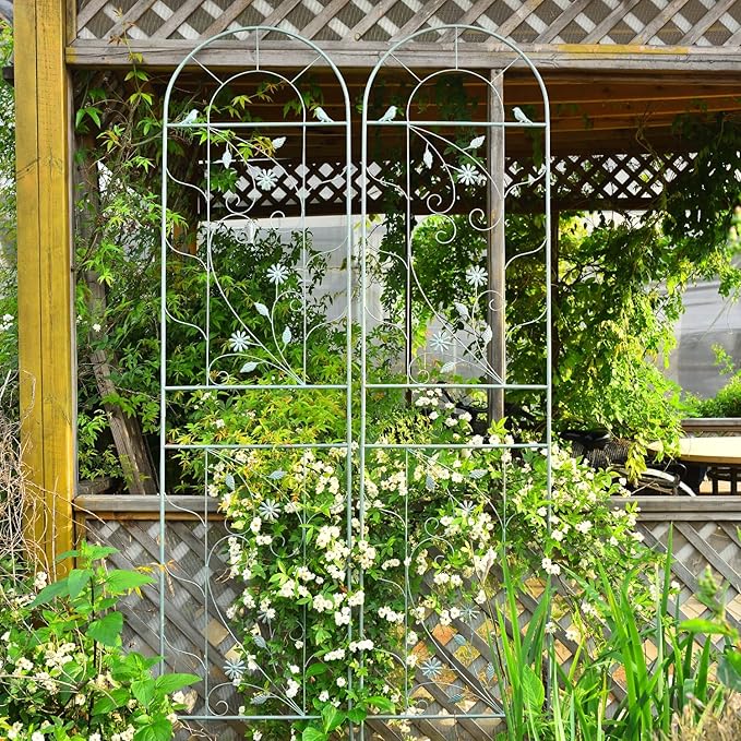 Sungmor Large Metal Garden Trellises for Climbing Plants - 82.5 Inch Tall &amp 2PC Green Pack - Beautiful Retro Style Metal Fence Trellis - Gardening Vines Plant Support for Flower Rose Climbing