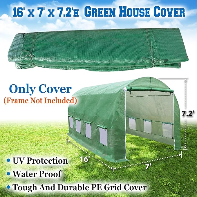 Strong Camel Greenhouse Replacement Covering for Outdoor Larger Hot Garden House Support Arch Frame Climbing Plants/Flowers/Vegetables (16' X 7' X 7' Cover)