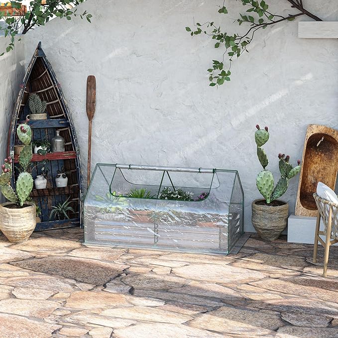 6' x 3' Galvanized Raised Garden Bed with Mini PVC Greenhouse Cover Outdoor Metal Planter Box with 2 Roll Up Windows for Growing Flowers Fruits Vegetables and Herbs Silver