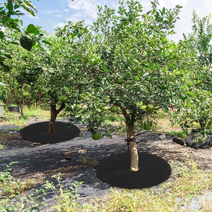 4-Pack Non-Woven Tree Mulch Ring 20.5 Inch Reusable Tree Protector Mat W 16 Garden Stakes for Landscape Control Plant Root Protection Tree Ring Weed Fabric Cover [Black]