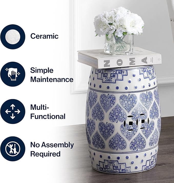 JONATHAN Y TBL1014A Happy Hearts 17.8 Chinoiserie Ceramic Drum Indoor/Outdoor Garden Stool Bohemian Coastal Cottage French Country Traditional Side Table Plant Stand Spill-Proof Blue/White