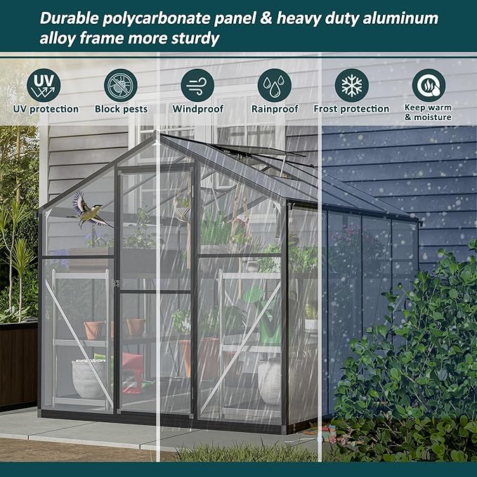 Polycarbonate Greenhouse 6'x8' Upgraded Heavy Duty Aluminum Walk-in Green House for Outdoor Garden with BaseAdjustment Roof VentHinged DoorRain Gutter2 GlovesFree Assembly Tools