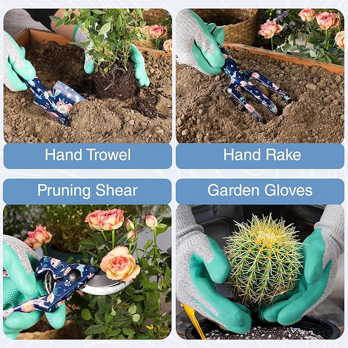 WORKPRO 5PCS Garden Tool Set Aluminum Heavy Duty Gardening Tool Set with Garden Tool Bag Outdoor Garden Hand Tools Blue Insect and Flower