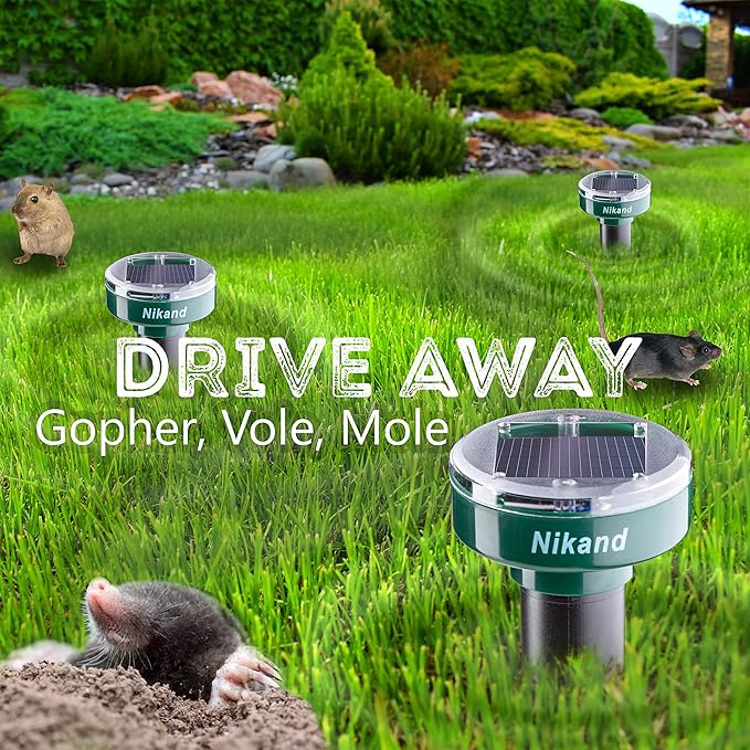 Gopher Repellent Ultrasonic Solar Powered - Mole Repellent Stakes Outdoor Pet Safe - Groundhog Repeller Snake Rodent Gopher Spikes Chaser - Sonic Mole Deterrent Devices (4)