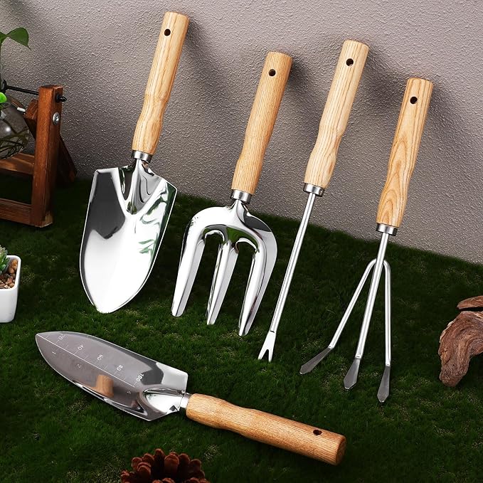 Garden Tools Set for Adults with Ash Wood Handles and 430 Stainless Steel Blades 5pcs Yard Gardening Tool Kit for Outdoor and Indoor Vegetable Garden Care