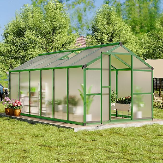 8x12 FT Greenhouse Easy Assembly Aluminum Polycarbonate Greenhouses for Outdoors with Roof Vent Large Aluminum Walk-in Greenhouse for Sunroom Patio Backyard Garden Sliding Lockable Door Green