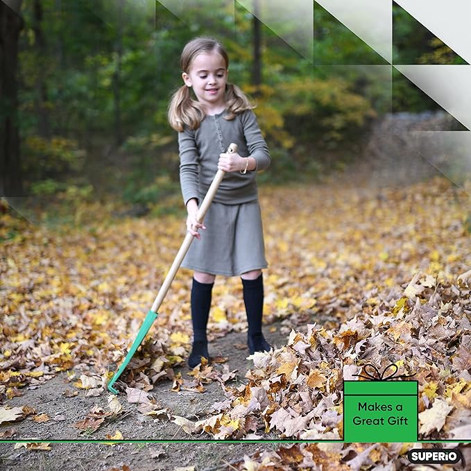 Child-Size Leaf Collector &amp Rake Set – Garden Leaf Scoops and Lawn Cleaning Tools for Kids Includes 1 Rake and 1 Pair of Leaf Grabbers Green Plastic – by Superio