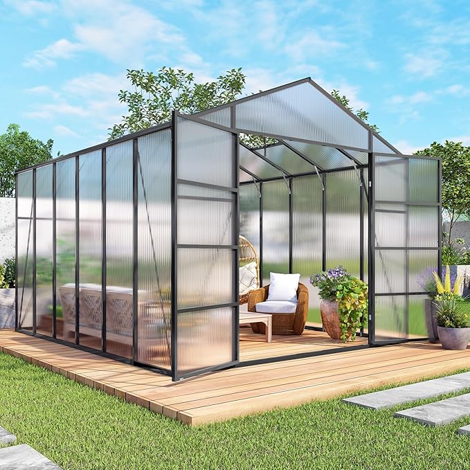 104in High 10x12FT Greenhouse for Outdoors Polycarbonate Greenhouses with Stronger Wind Protection and Roof Vent Walk-in Large Aluminum Winter-Proof Sunroom Black