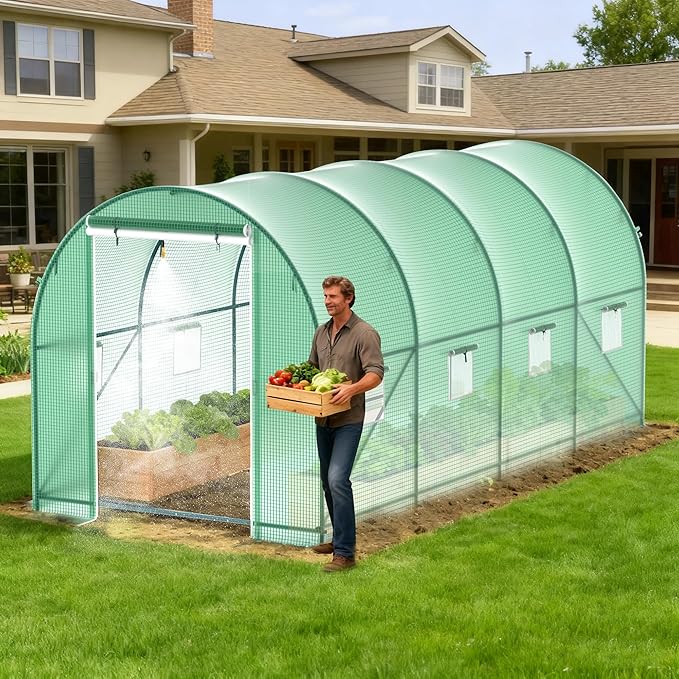 Greenhouses for Outdoors Walk-in Green Houses for Outside Heavy Duty Large Greenhouse with 8 Ventilated Screen Windows &amp 2 Roll-up Doors &amp Reinforced Frame (15×7×7 FT with Irrigation System)