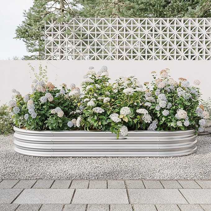 Enhance Your Garden with The Oval Large Metal Raised Planter Bed for Plants Vegetables and Flowers88.99’’(L) x 44.68’’(W) x 11.42’(H) (Silver)