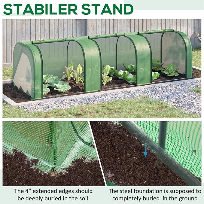 Outsunny 10' x 3' x 2.5' Mini Greenhouse Portable Tunnel Green House with Roll-Up Zippered Doors UV Waterproof Cover Steel Frame Green