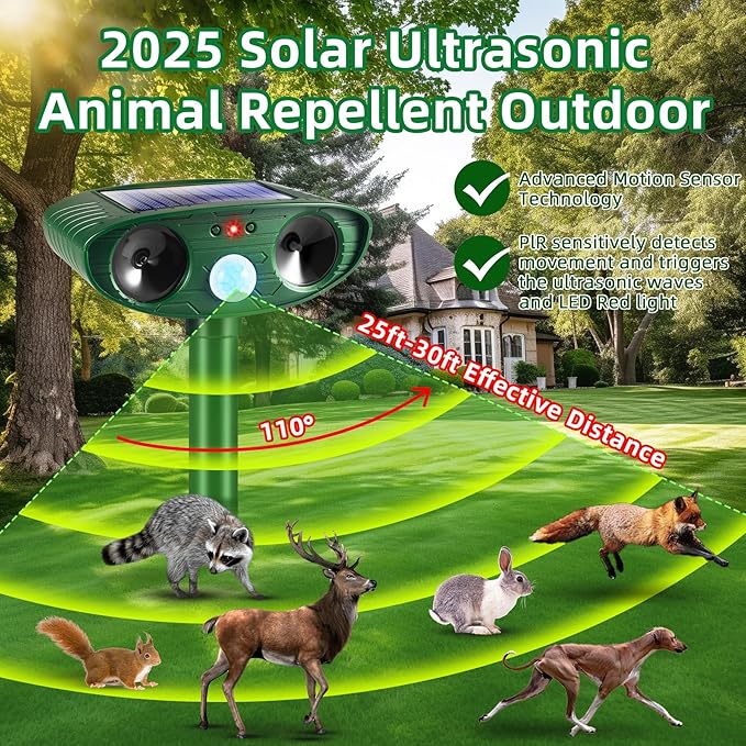 4 Pack 2026 Solar Ultrasonic Animal Repellent Outdoor Cat Squirrel Deer Repellent Devices Rabbit Deterrent for GardenAnimal Repeller with Motion Sensor for Dog Skunk Raccoon Rabbit Rodent