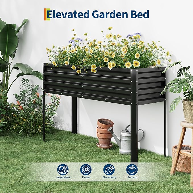 Raised Garden Bed with -Watering Reservoir - Tall Elevated Square Planter Box for Vegetables/Herbs Heavy Duty Steel Panels &amp Drainage (Water Tank Included)Black