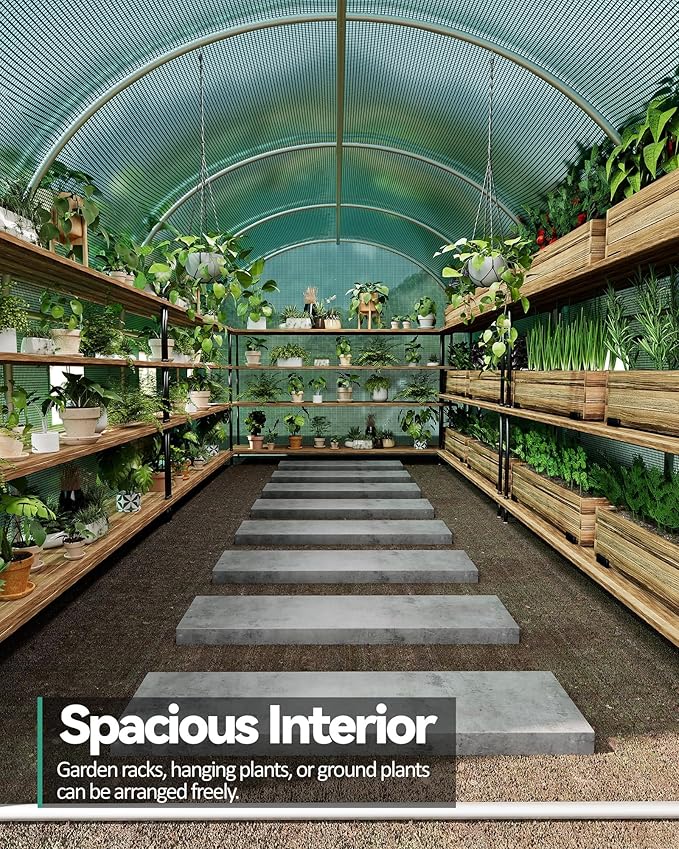 Walk-in Tunnel Greenhouse 6.5 x 15 x 6.5 FT Large Outdoor Greenhouse with Door &amp Vent Windows Heavy-Duty Frame and Green PE Cover for Backyard Gardening