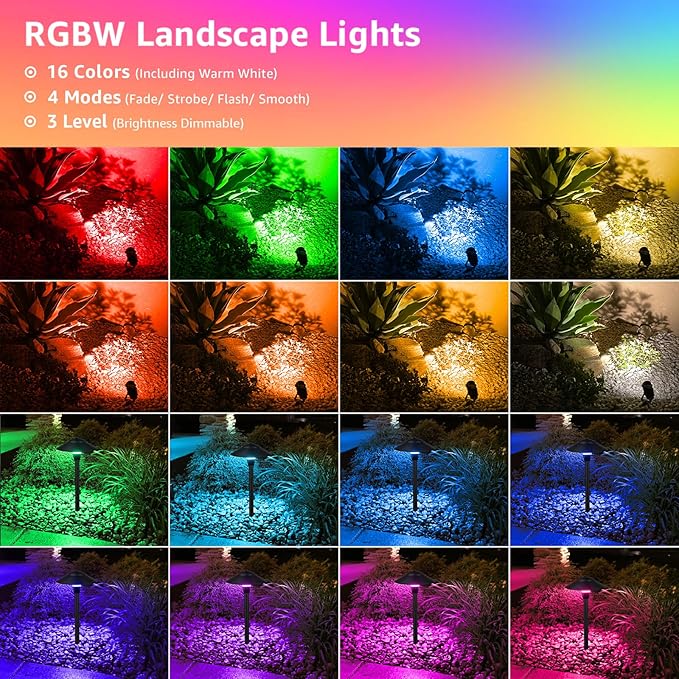 SUNVIE RGBW Landscape Lighting Kit 12V Low Voltage Landscape Lighting with Connectors Color Changing Low Voltage Pathway Lights Wired with Spotlights Waterproof for Holiday Patio Garden Yard12 Pack