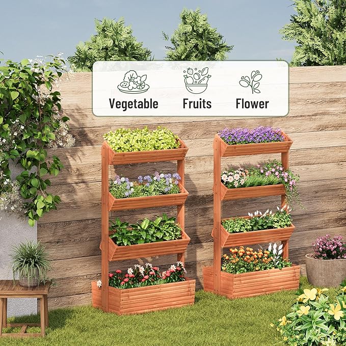 Vertical Wooden Raised Garden Bed Garden Planters Freestanding Wood Plant Stand Flower Rack Wooden Planter Box for Plants Herbs Flowers Vegetables Outdoor Indoor Gardening (4-Tier Brown)