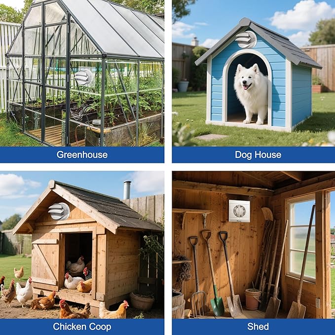 Solar Fan for Chicken Coop with Battery and Adjustable Thermostat Solar Powered Fan with 12W Bifacial Solar Panel &amp 4 Exhaust Fan Accessories with Anti-backflow Valve