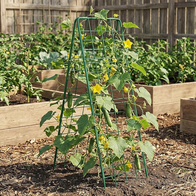 DoCred Cucumber Trellis 59 H 2 Pack Metal Foldable Thickened A Frame Garden Trellis for Raised Bed Climbing Plants Vegetables Including Plant Support Clips Twist Ties Plastic Ties Green