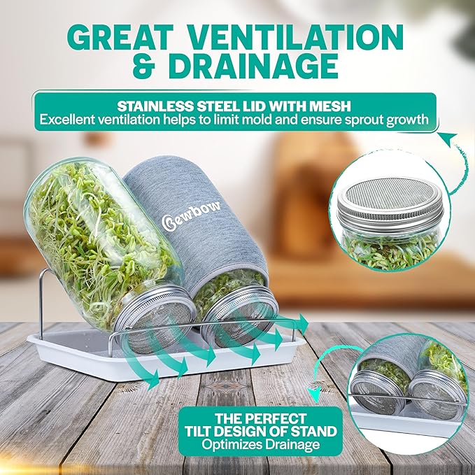 [LARGE SIZE] 2000ml(68oz) Seed Sprouting Mason Jar Kit with StandDrain Tray Screen LidsBlackout SleevesGood Ventilation &amp Drainage CapacityGrowing Fresh Organic Mung BeansBroccoli &amp Micr