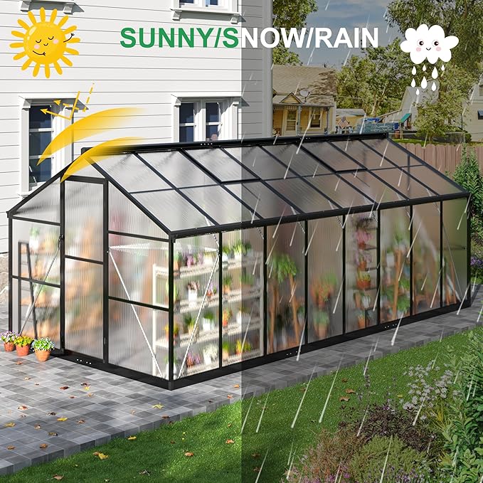 WKM 8x16 FT Greenhouse for Outdoors Polycarbonate Greenhouse with Roof Vent and Quick Setup Structure Aluminum Frame Black
