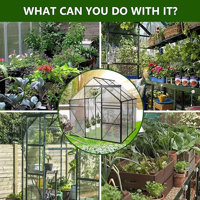 6 x 8 FT Outdoor Patio Greenhouse Walk-in Polycarbonate Greenhouse Adjustable Roof Vent &amp Rain Gutter for Plants&ampFlowers Garden Backyard (Green-6 x 8 FT)