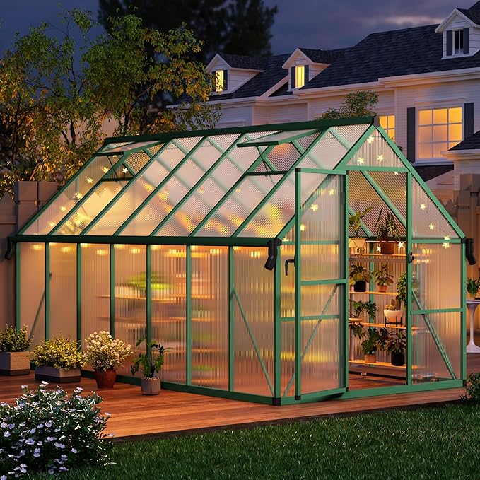 8x14 FT Outdoor Greenhouse Polycarbonate Greenhouse with Roof Vent and Ground Nails Aluminum Large Walk-in Green House w/Lockable Push Door for Outside Garden Backyard (8x14 FT)