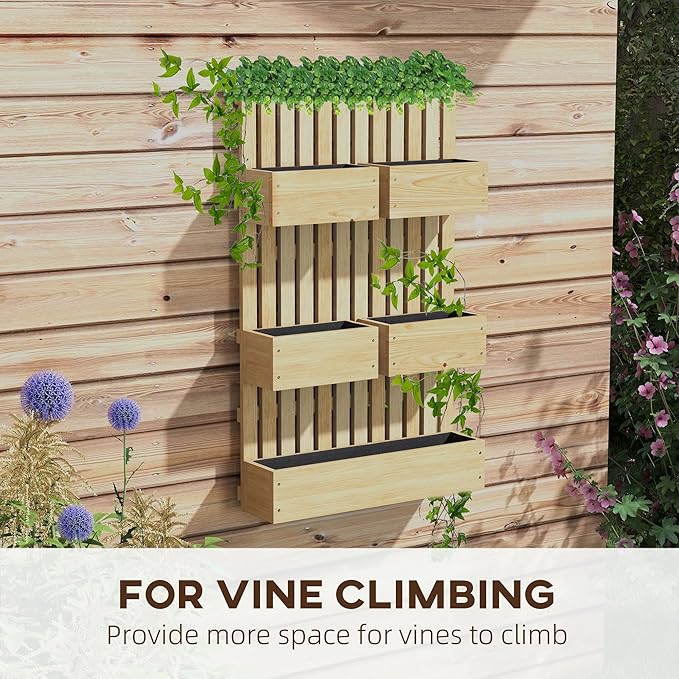 5 Box Raised Garden Bed with Trellis for Vine Flowers &amp Climbing Plants 39 Tall Wall-Mounted Wood Planter Box Set with Adjustable Height Drainage Hole Natural