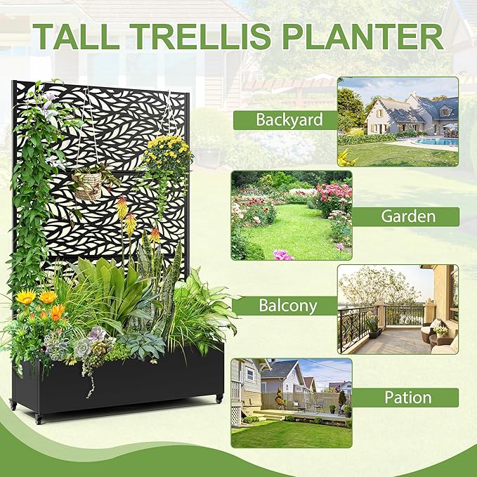 Raised Garden Bed with Trellis and Wheels73x47x16 Metal Raised Garden BedBlack Flowing Leaf Metal Planter with Climbing Trellis for Vines &amp Vegetables
