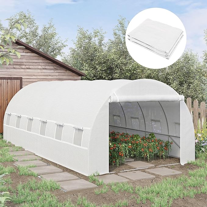 20'x10'x7' UV Resistant Weatherproof PE Greenhouse Replacement Cover with 12 Windows Rollup Zipper Door White