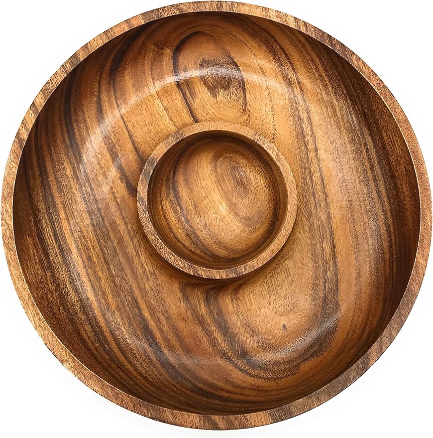 Handcracfted Acacia Wood Chip and Dip Specialty Salsa Bowl Plate Tray 10' D x 1.5 Thick
