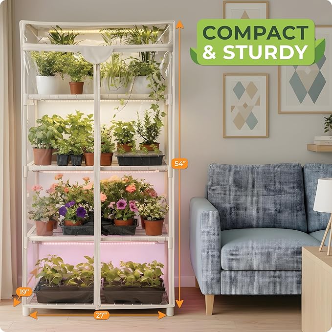 Carpathen Indoor Greenhouse with Grow Lights - 4 Tiers 27.2L x 19.3W x 54H with 8 Dimmable 15W Full Spectrum LED Light Strips and Spectrum Control - Mini Greenhouse with Waterproof Zipped PVC Cover
