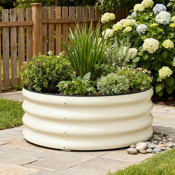 4x4x1ft Galvanized Raised Garden Bed Kit Oval Steel Planter Box with Open Bottom for Better Drainage &amp Root Growth Rust-Resistant Outdoor Flower &amp Vegetable Garden Bed Easy Assembly (White)