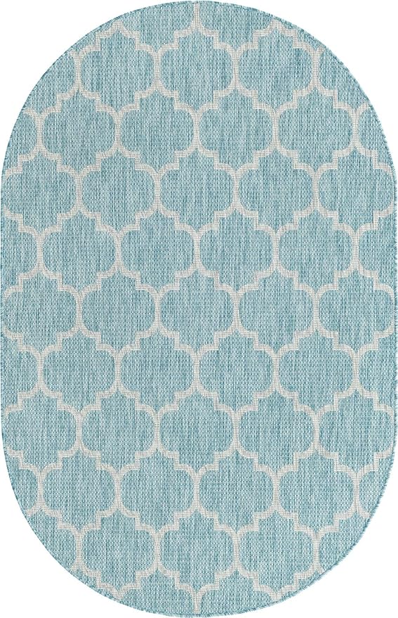 Unique Loom Outdoor Trellis Collection Area Rug (5' 1 x 8' Oval Aquamarine/ Gray)