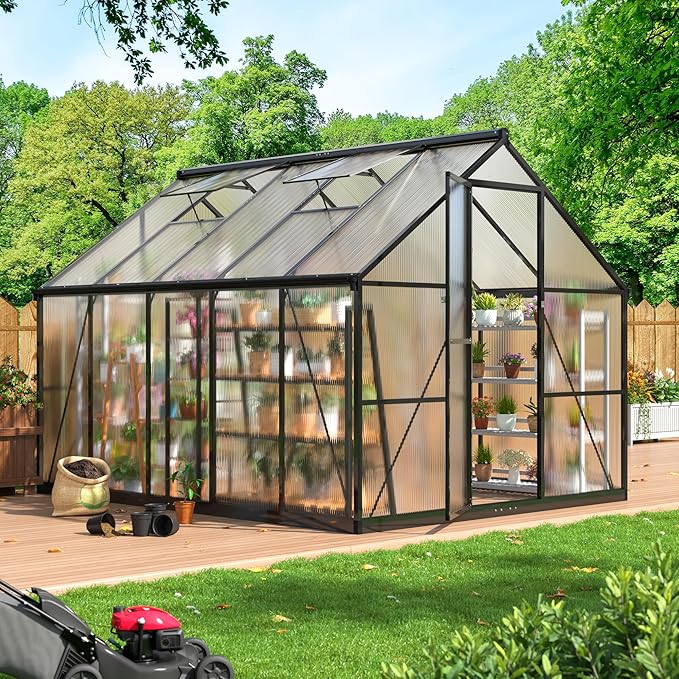 WKM 8x10 FT Greenhouse for Outdoors Quick-fit Structure Green House with Window for Ventilation Aluminum Greenhouses for Garden Backyard Black