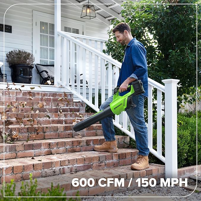 Greenworks 48V (24V x 2) Brushless Axial Leaf Blower (600 CFM / 150 MPH) Powerful for Large Yard Driveway Patio and Deck Cleanup Includes (2) 4.0Ah Batteries and 100W GaN Charger