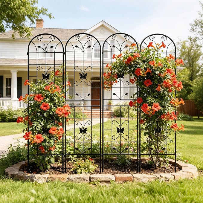 4 Pack Large Garden Trellis 86.7 H x 19.7 W Heavy Duty Rustproof Black Iron Plant Trellis for Potted Plant Support Metal Climbing Rose Trellis Vine Vegetable Cucumber