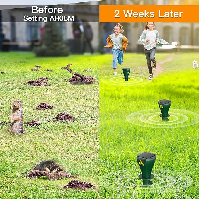 4 Pack Mole Repellent Solar Powered Vibrating Solar Mole Repellent Stakes for Voles Groundhogs Snakes &amp Gophers IP65 Waterproof Mole Deterrent for Yard Farm Lawn &amp Garden