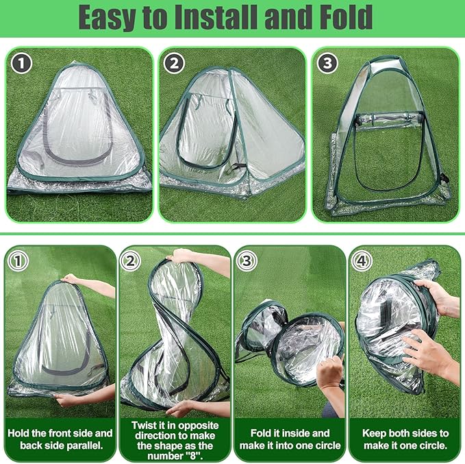 2 Pack Pop Up Greenhouse Plant Tent with 8 Ground Nails &amp 2 Carry Bags Roll-Up Door Easy Folding for Storage Creates Warmth for Plants Protection from Cold for Backyard (27.5 x 27.5 x 31.5