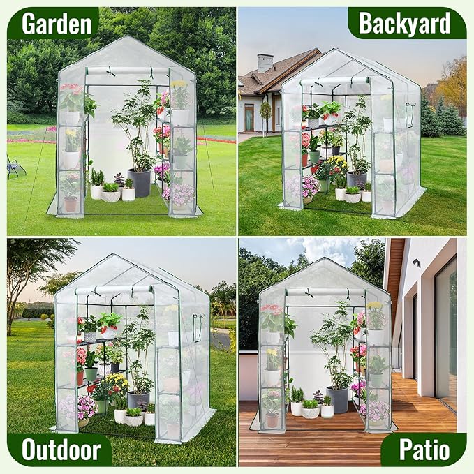 Greengro Greenhouse 57 x 57 x 76'' Greenhouses for Outdoors Portable Greenhouse Kit with Mesh Side Windows PE Cover 8 Shelves Heavy Duty Walk in Green House for Backyard Garden Indoor Outside