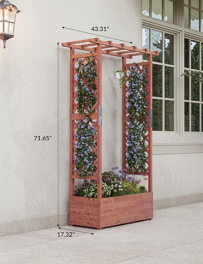 Elevated Wooden Planter Box with Arch &amp Side Trellis – Raised Garden Bed for Climbing Plants Vines Flowers – Hanging Roof 4 Drainage Holes Freestanding – Patio/Deck – Size: