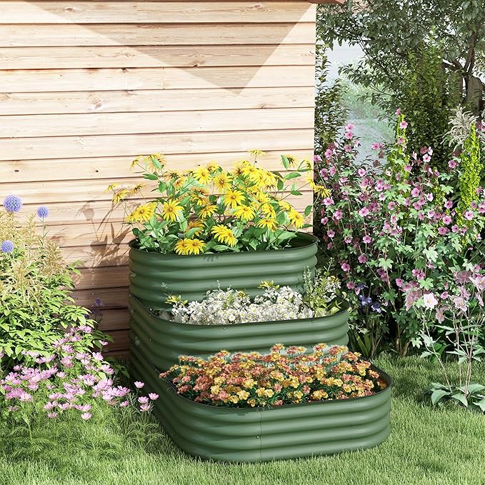 3-Tier Galvanized Steel Raised Garden Bed Kit 62.25 x 43 x 32.25 3 Combining Planter Boxes with Rubber Strip Edging Open Bottom for Backyard Garden Patio Green