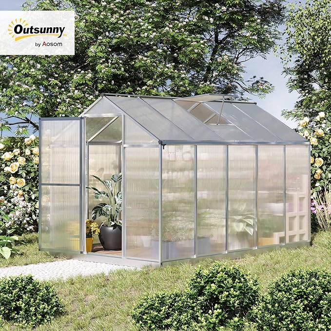 Outsunny 10' x 6' Greenhouse for Outdoors Polycarbonate Greenhouse with Rain Gutter and Roof Vent Aluminum Walk-in Green Houses for Outside Patio Backyard Garden