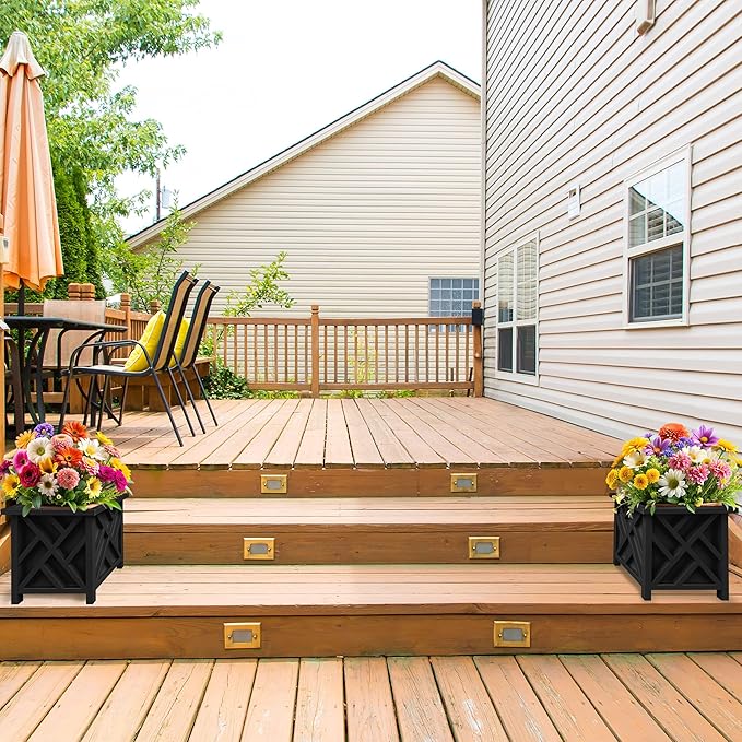 Lattice Design Planter Box 2-Pack – 14.75-Inch Decorative Outdoor Flower or Plant Pots – Front Porch Patio and Garden Decor by Pure Garden (Black)