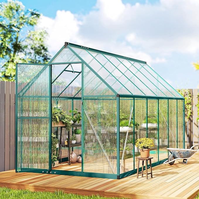 Outsunny 11x6 ft Polycarbonate Greenhouse with Swing Door and Two Adjustable Roof Vents Aluminum Walk-in Greenhouse Outdoor Greenhouse for Patio Garden Backyard Dark Green