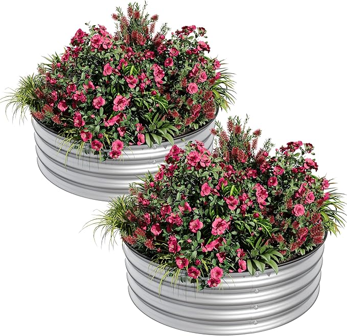 2PCS 2 x 1ft Round Galvanized Raised Garden Bed with Safe Rubber Edge Rust &amp Corrosion Resistant Metal Planter Box Open Bottom Easy Assembly for Vegetables Fruit Flowers Silver