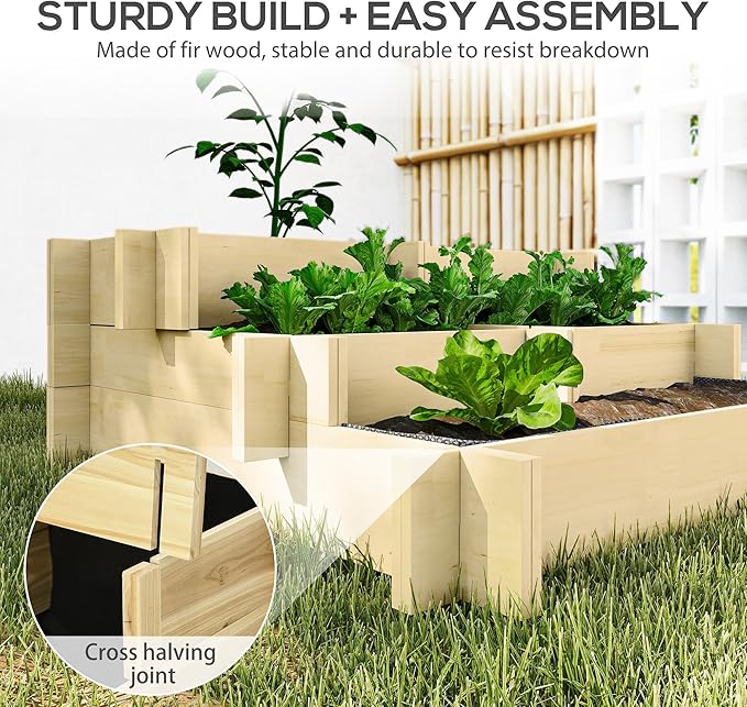 Outsunny 3-Tier Raised Garden Bed with 5 Compartments and Bed Liner Fir Wood Elevated Planter Box for Vegetables Herbs Outdoor Plants 37 x 37 x 14in Natural